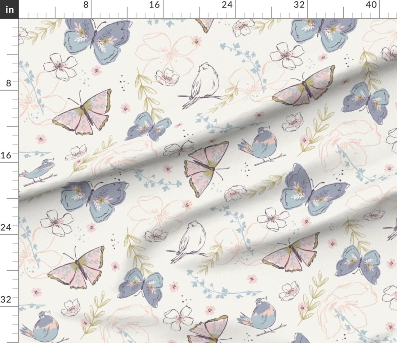 Garden Butterfly Songbird Pastel Pink Purple Botanical Whimsical Soft Pastels Floral Custom Printed Fabric by Spoonflower Various Fabrics by the Yard or Fat Quarter